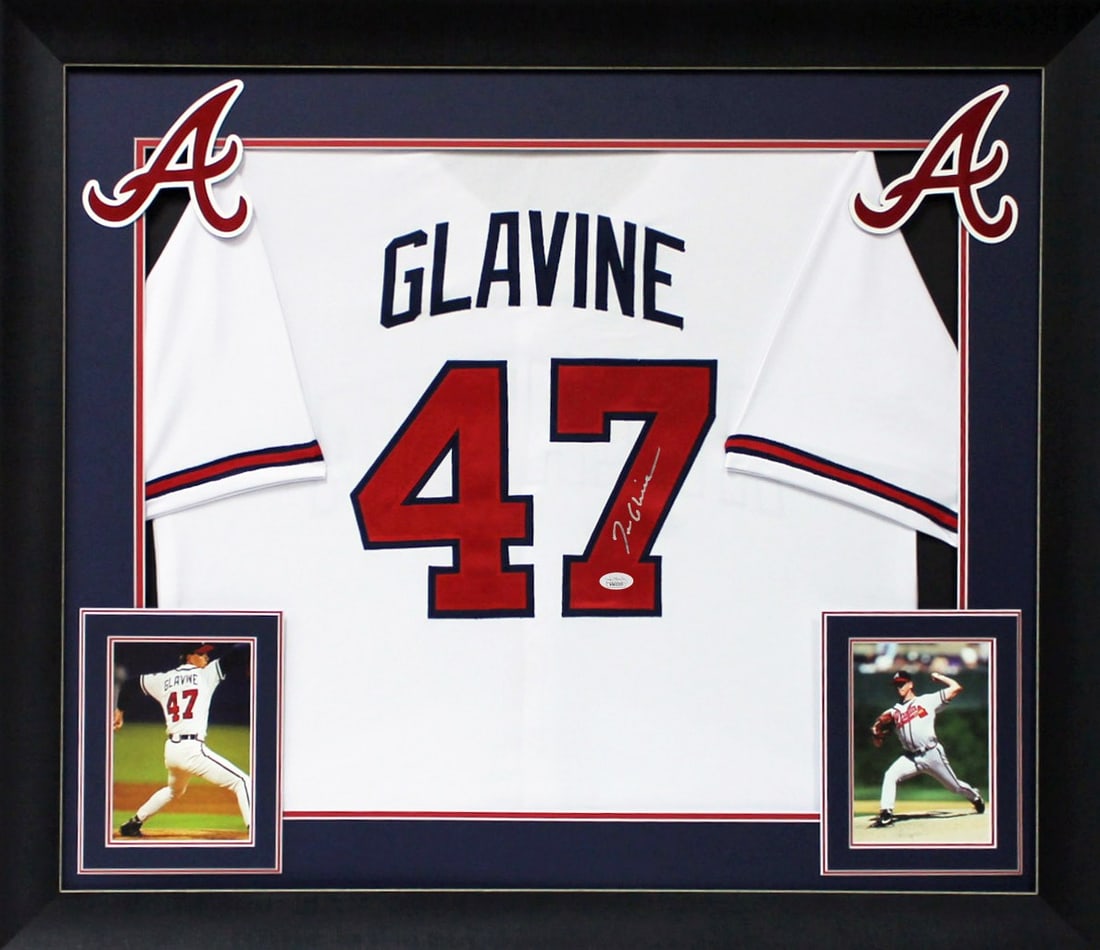 Tom Glavine Signed White Pro Style Framed Display Atlanta Braves JSA Authentic: Tom Glavine Signed White Pro Style Framed Display Atlanta Braves JSA Authentic This authentic white pro style jersey display has been personally signed by Tom Glavine, the legendary pitcher of the Atl
