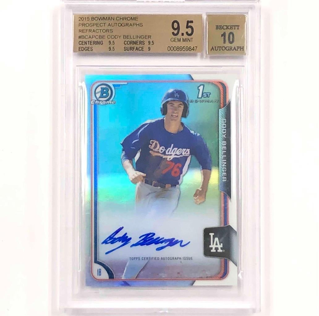 Cody Bellinger 2015 Bowman Chrome Rookie Refractor Auto BGS 9.5 10 Serial /499: Cody Bellinger 2015 Bowman Chrome Rookie Refractor Auto BGS 9.5 10 Serial /499 This 2015 Bowman Chrome Cody Bellinger rookie card features a refractor parallel and is serial numbered out of 499. The c