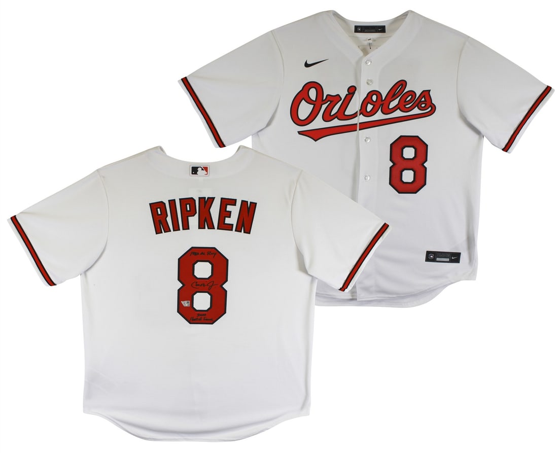 Cal Ripken Jr. Signed White Nike Jersey HOF 07 1982 ROY Fanatics Authenticated: Cal Ripken Jr. Signed White Nike Jersey HOF 07 1982 ROY Fanatics Authenticated Celebrate the legacy of Cal Ripken Jr. with this autographed X-Large white Nike jersey, featuring the inscriptions "HOF 0