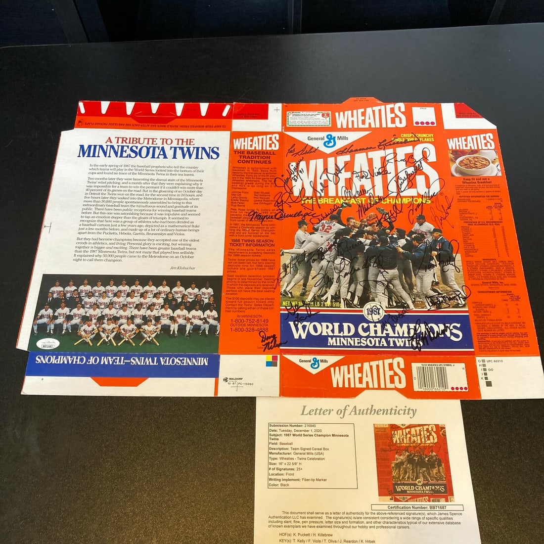1987 Minnesota Twins Signed Wheaties Box with JSA COA: 1987 Minnesota Twins Signed Wheaties Box with JSA COA Celebrate the legacy of the 1987 Minnesota Twins with this vintage Wheaties box, commemorating their World Series Championship. This original box 