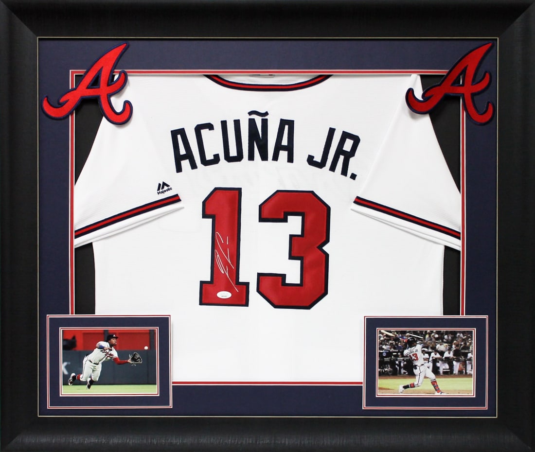 Ronald Acuna Jr. Signed Framed White Majestic Jersey JSA Certified: Ronald Acuna Jr. Signed Framed White Majestic Jersey JSA Certified This stunning, framed jersey features the autograph of Ronald Acuna Jr., the star player of the Atlanta Braves. Crafted from high-qua