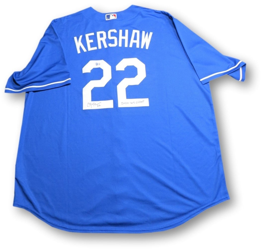 Clayton Kershaw Autographed Jersey Dodgers 2020 WS Champ Beckett Authenticated: Clayton Kershaw Autographed Jersey Dodgers 2020 WS Champ Beckett Authenticated Celebrate the legacy of Clayton Kershaw with this signed Los Angeles Dodgers jersey, commemorating the 2020 World Series 