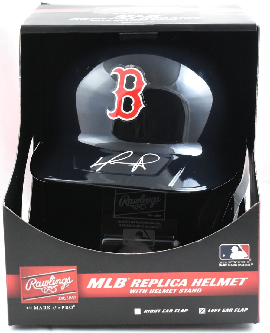 Boston Red Sox replica helmet autographed by David Ortiz with stand Beckett W Holo: Boston Red Sox replica helmet autographed by David Ortiz with stand Beckett W Holo This is a pre-owned full-size replica Boston Red Sox helmet autographed by David Ortiz. The helmet comes with a stand