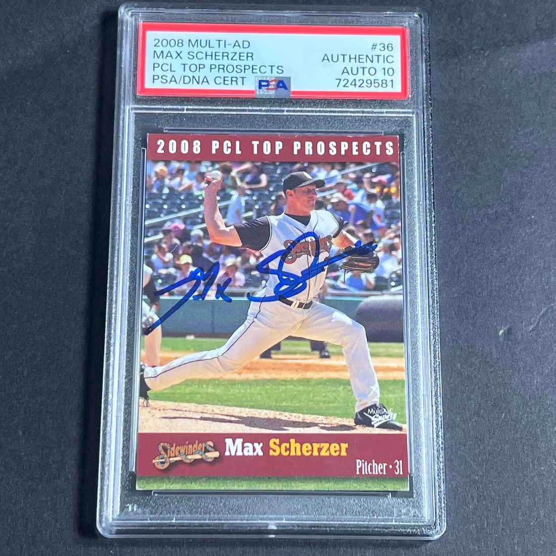 2008 Multi-ad PCL Top Prospects #36 Max Scherzer Autographed Card PSA 10: 2008 Multi-ad PCL Top Prospects #36 Max Scherzer Autographed Card PSA 10 This is a 2008 Multi-ad PCL Top Prospects #36 card featuring the signature of Max Scherzer, a prominent player known for his ti