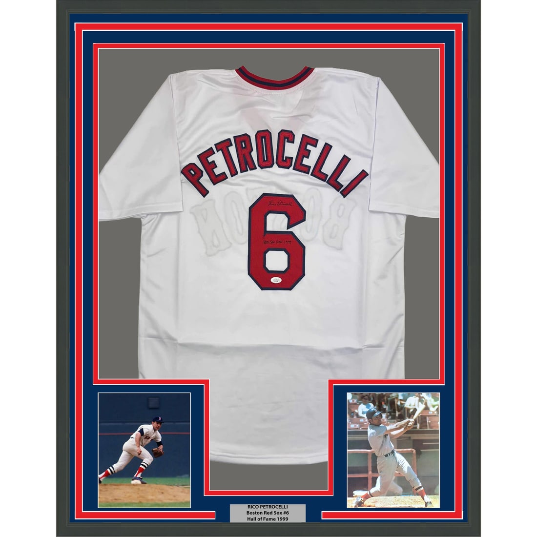 Rico Petrocelli Framed Signed Boston Jersey With JSA Authentication 35x39: Rico Petrocelli Framed Signed Boston Jersey With JSA Authentication 35x39 This professionally framed and matted display features a white Boston Red Sox jersey autographed by Rico Petrocelli. The piece