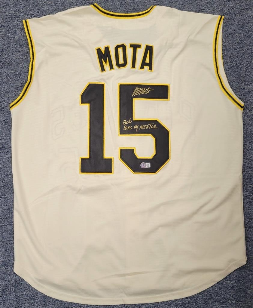 Manny Mota 1/1 Signed Pirates Jersey with Inscription Beckett BAS: Manny Mota 1/1 Signed Pirates Jersey with Inscription Beckett BAS This authentic Pittsburgh Pirates jersey features the signature of Manny Mota, who famously stated, "Bob was my Mentor." The jersey is