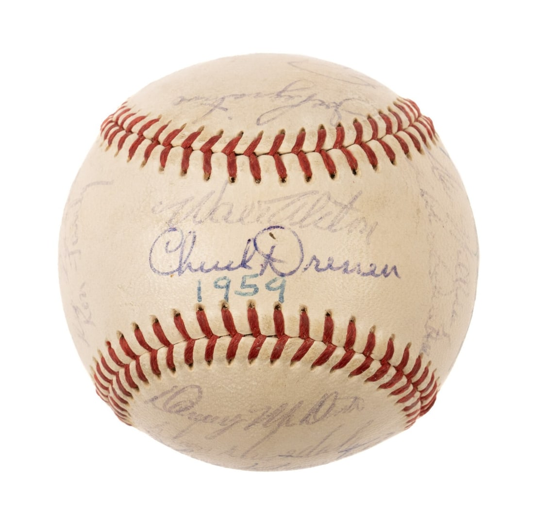 Signed 1959 Dodgers World Series baseball JSA LOA 22 autographs: Signed 1959 Dodgers World Series baseball JSA LOA 22 autographs This is an original Official National League baseball (Giles) signed in blue ink by 22 members of the 1959 World Champion Los Angeles Do