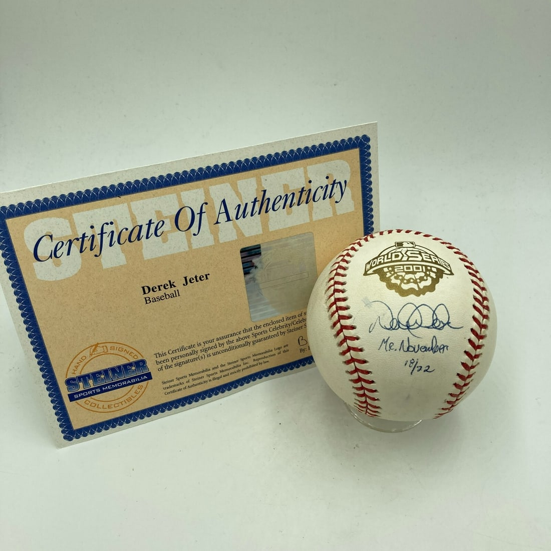 Derek Jeter Signed 2001 World Series Baseball Mr November JSA Steiner COA 18/22: Derek Jeter Signed 2001 World Series Baseball Mr November JSA Steiner COA 18/22 Celebrate baseball history with this original Derek Jeter autographed baseball from the 2001 World Series. Inscribed wit