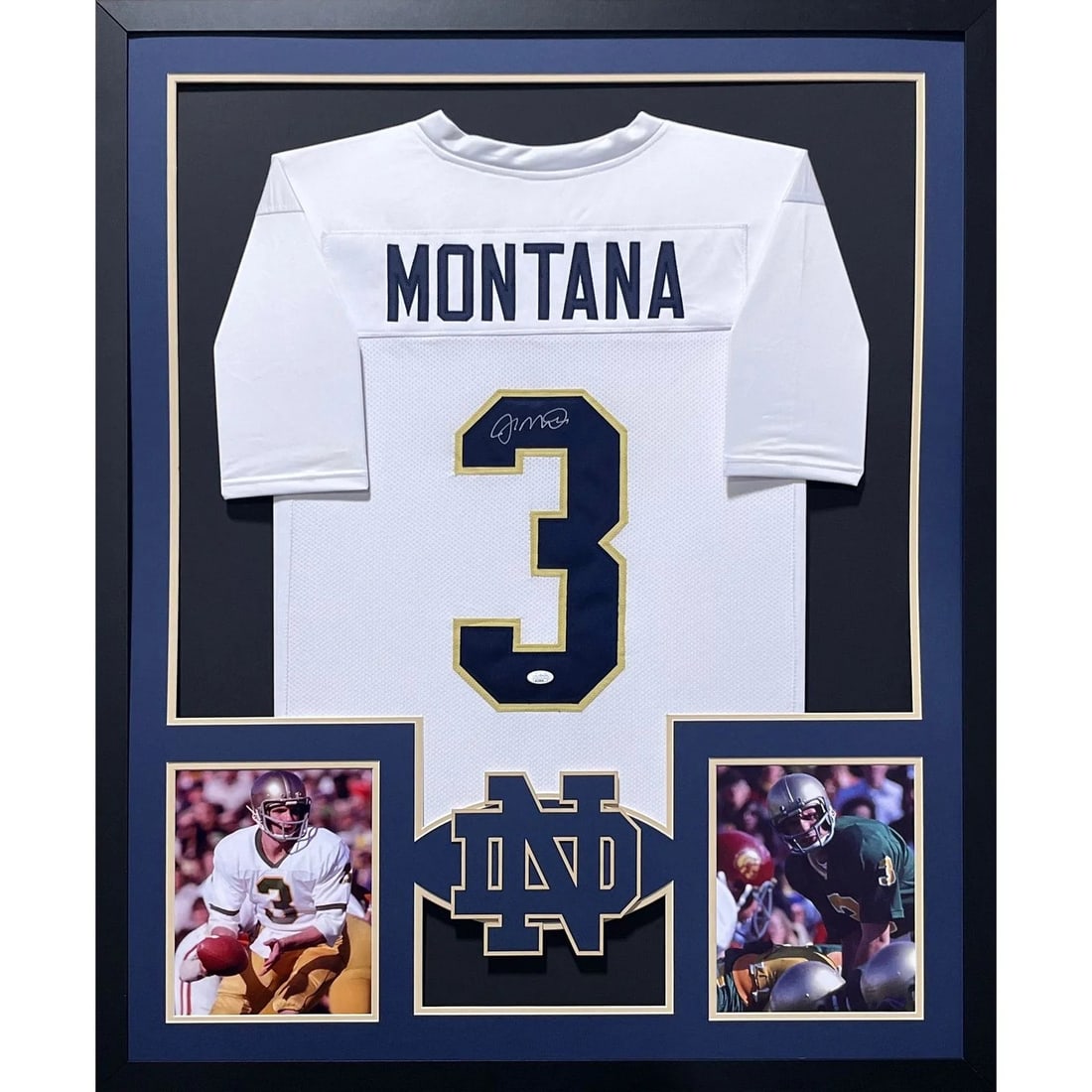 Joe Montana Signed Framed Jersey JSA Certified Notre Dame 42x34: Joe Montana Signed Framed Jersey JSA Certified Notre Dame 42x34 Celebrate the legacy of football legend Joe Montana with this beautifully framed autographed white jersey from his Notre Dame days. The 