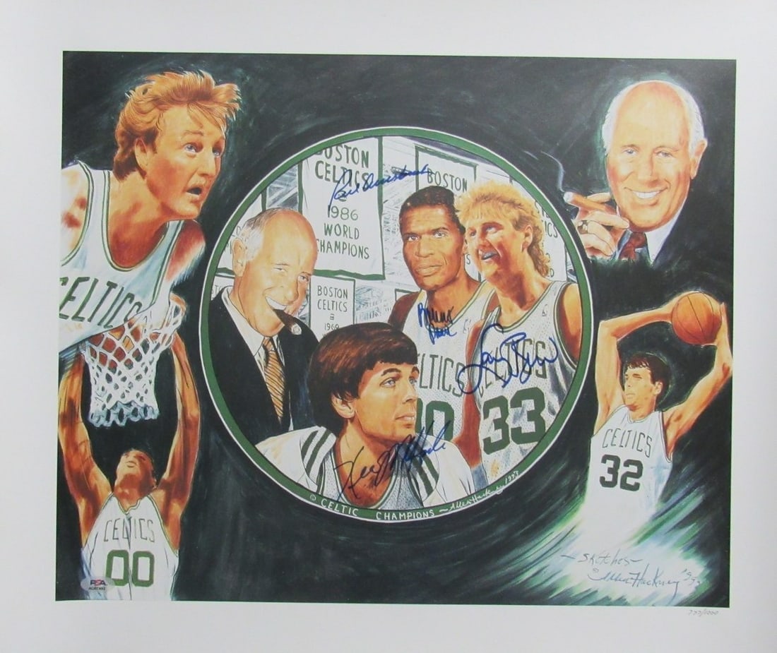 Boston Celtics Multi-Signed Lithograph Bird McHale Parish Auerbach PSA/DNA 24x20: Boston Celtics Multi-Signed Lithograph Bird McHale Parish Auerbach PSA/DNA 24x20 This original multi-signed lithograph poster features basketball legends Larry Bird, Kevin McHale, Robert Parish, and