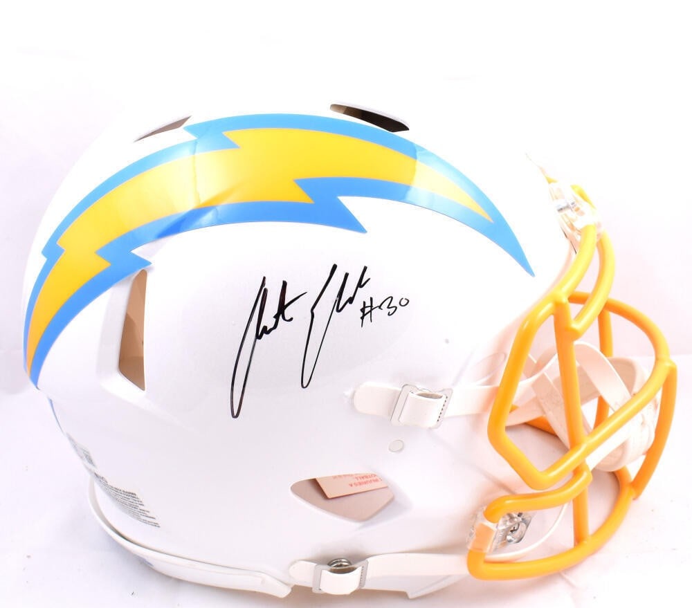Austin Ekeler autographed Los Angeles Chargers full size speed helmet Beckett: Austin Ekeler autographed Los Angeles Chargers full size speed helmet Beckett This is an authentic full-size Speed helmet signed by Austin Ekeler of the Los Angeles Chargers. The signature has been au