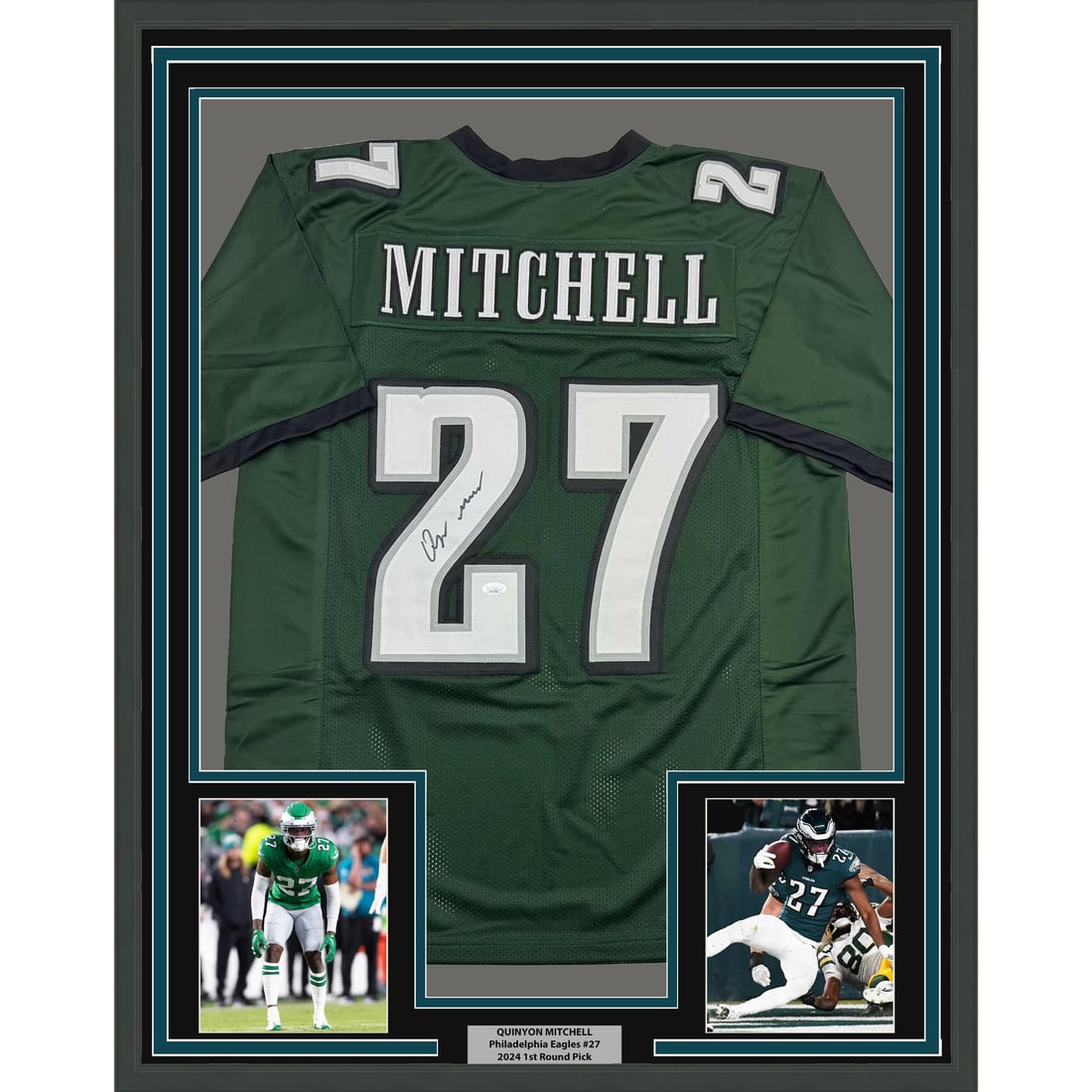 Framed Quinyon Mitchell Signed Green Jersey with JSA COA 35x39 NFL Eagles: Framed Quinyon Mitchell Signed Green Jersey with JSA COA 35x39 NFL Eagles This stunning framed autographed Quinyon Mitchell green football jersey is a must-have for any Philadelphia Eagles fan. Measur