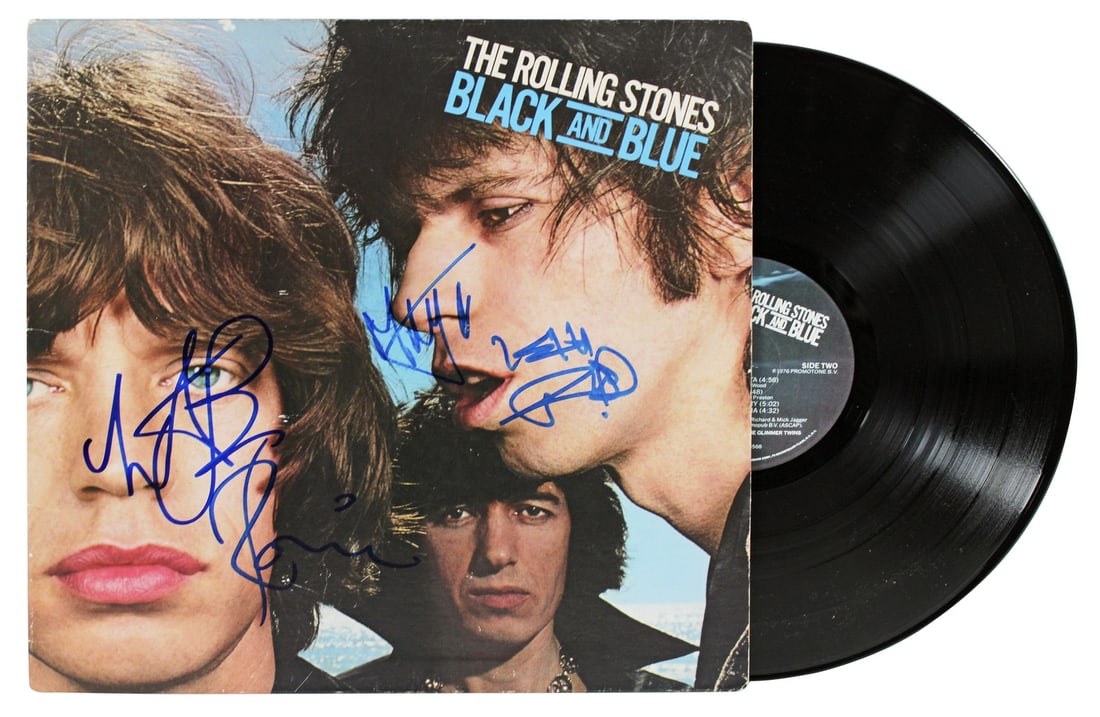 The Rolling Stones Signed Black and Blue Album Cover with Vinyl BAS: The Rolling Stones Signed Black and Blue Album Cover with Vinyl BAS This original signed album cover features the iconic members of The Rolling Stones: Mick Jagger, Keith Richards, Ronnie Wood, and Ch