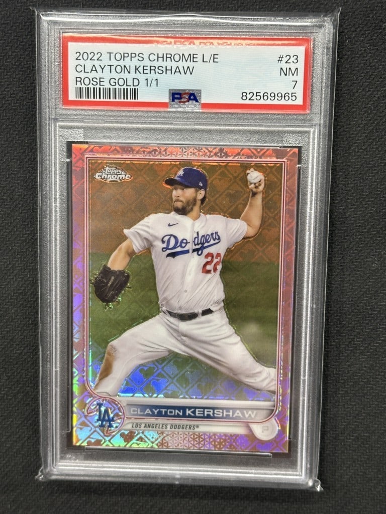 Clayton Kershaw 2022 Topps Chrome Logofractor Rose Gold PSA 7 #23: Clayton Kershaw 2022 Topps Chrome Logofractor Rose Gold PSA 7 #23 This is a 2022 Topps Chrome Logofractor Rose Gold baseball card featuring Clayton Kershaw, a prominent player for the Los Angeles Dodg