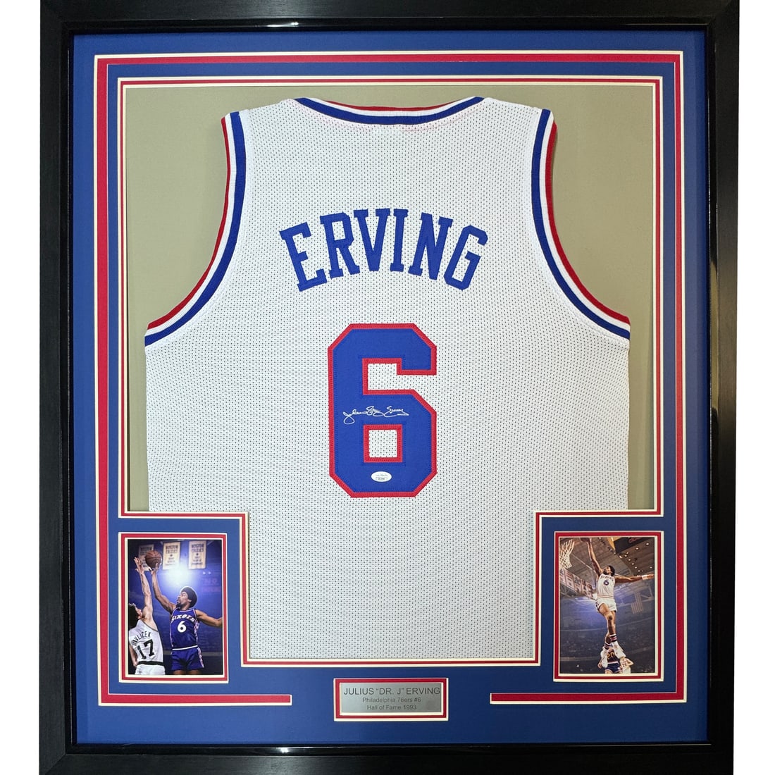 Framed Autographed Julius Erving Philly 76ers Jersey JSA COA 35x39: Framed Autographed Julius Erving Philly 76ers Jersey JSA COA 35x39 Celebrate the legacy of basketball legend Julius Erving with this professionally framed and autographed Philadelphia 76ers white jers