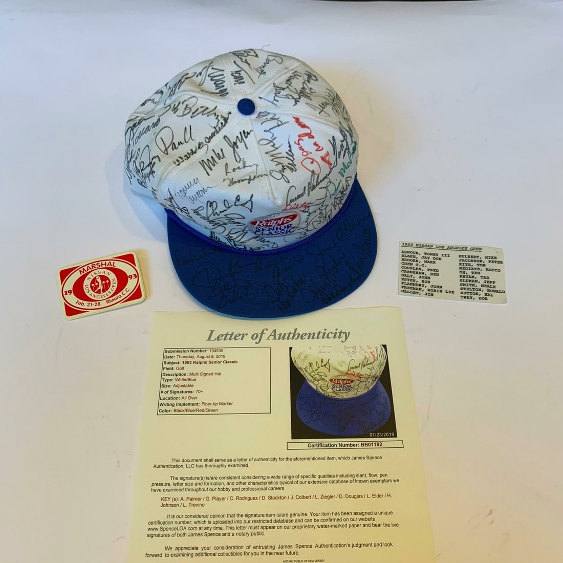 Arnold Palmer Signed 1993 Ralphs Senior Classic Hat 73 Signatures JSA COA: Arnold Palmer Signed 1993 Ralphs Senior Classic Hat 73 Signatures JSA COA This 1993 PGA Ralphs Senior Classic signed cap is a unique collectible featuring 73 autographs from legendary golfers. The cap