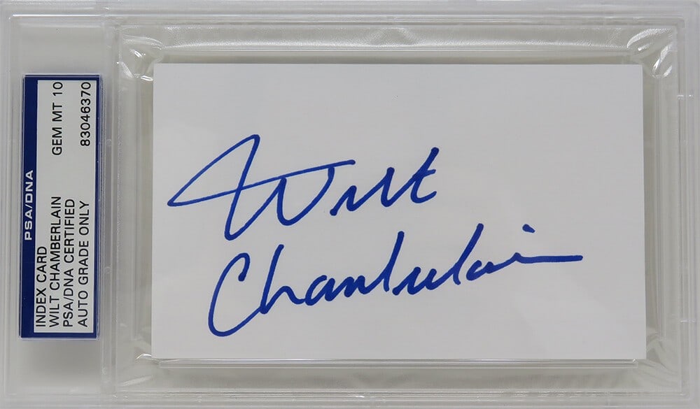 Wilt Chamberlain Signed 3x5 Index Card PSA Auto Grade 10: Wilt Chamberlain Signed 3x5 Index Card PSA Auto Grade 10 This is a signed 3x5 white index card by basketball legend Wilt Chamberlain. Encapsulated by PSA, this item has received an autograph grade of 