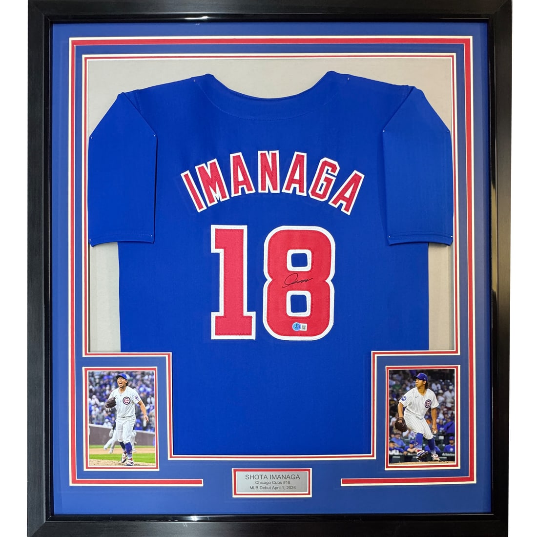 Framed Signed Shota Imanaga Chicago Cubs Jersey with Beckett COA: Framed Signed Shota Imanaga Chicago Cubs Jersey with Beckett COA Celebrate the legacy of Shota Imanaga with this impressive framed autographed Chicago Cubs jersey. This authentic item features the pla