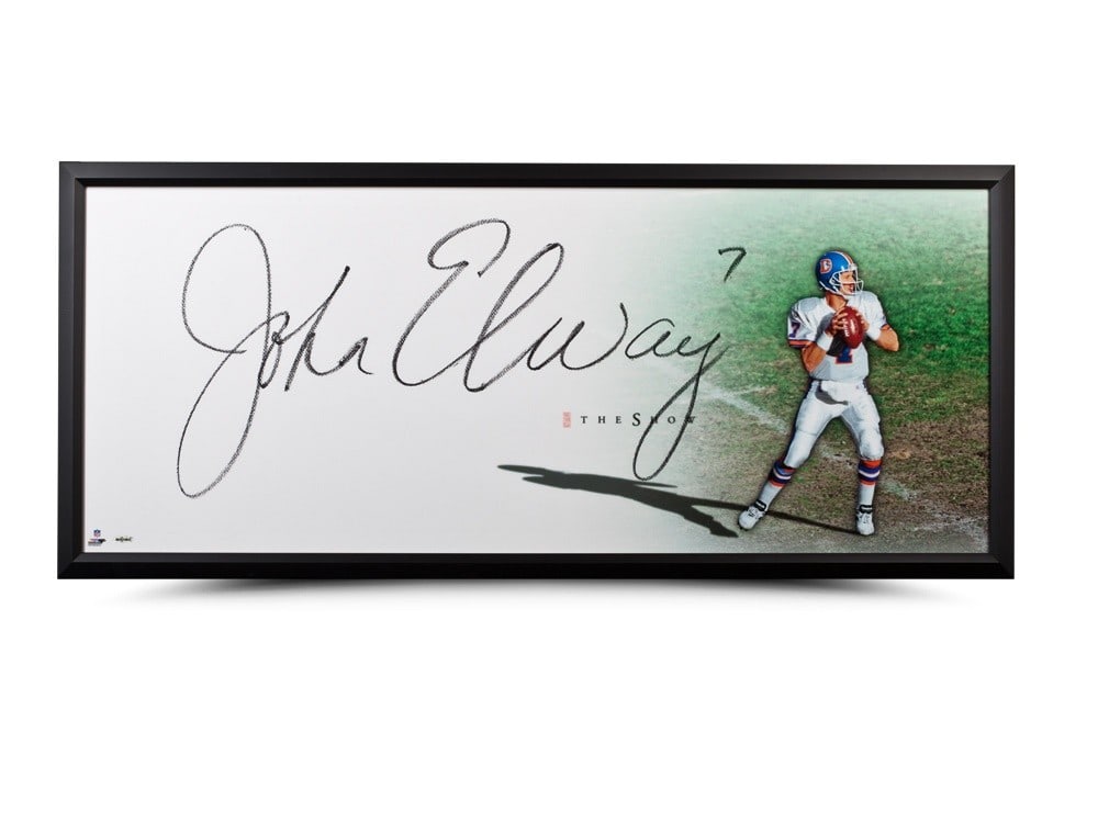 John Elway Autographed 20x46 Framed Photo Denver Broncos Upper Deck Authenticated: John Elway Autographed 20x46 Framed Photo Denver Broncos Upper Deck Authenticated This stunning 46" x 20" framed photo features the legendary John Elway, showcasing his autograph prominently. A must-h