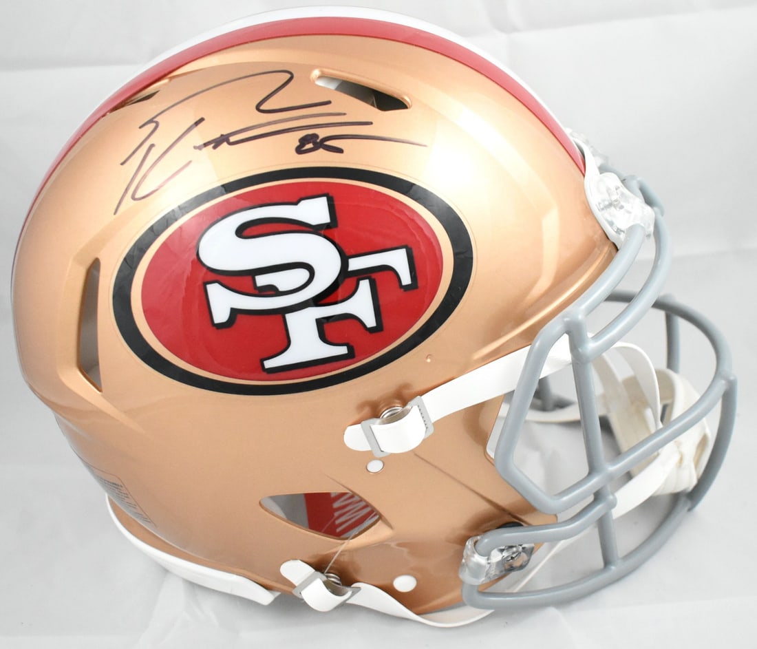 San Francisco 49ers Speed Authentic Helmet Signed by George Kittle Beckett Hologram: San Francisco 49ers Speed Authentic Helmet Signed by George Kittle Beckett Hologram This is a San Francisco 49ers full-size Speed Authentic helmet autographed by George Kittle. The helmet is an origin