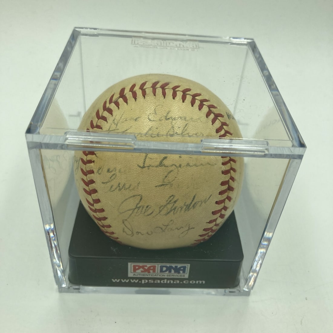 Rare Joe Dimaggio Multi Signed Baseball 1944 PSA DNA COA WWII Inscribed: Rare Joe Dimaggio Multi Signed Baseball 1944 PSA DNA COA WWII Inscribed Own a piece of baseball history with this rare Joe DiMaggio 1944 World War Two multi-signed baseball. This original baseball fea