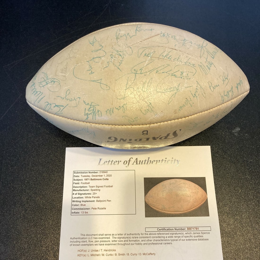 Official NFL Football Signed by 1971 Baltimore Colts Team With JSA Letter: Official NFL Football Signed by 1971 Baltimore Colts Team With JSA Letter This official NFL football is signed by over 30 members of the 1971 Baltimore Colts team, including Johnny Unitas. The ball co
