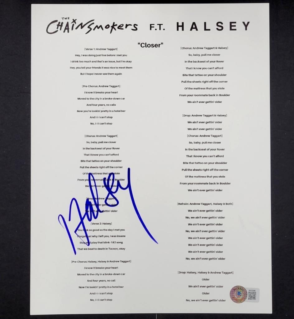 Halsey Autographed Closer Lyric Sheet Photo Beckett Authenticated 8.5x11 (1 of 3)