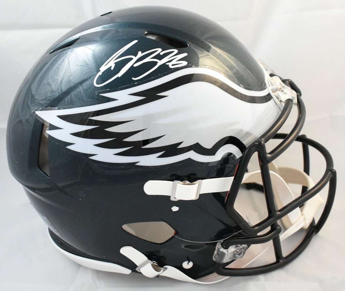 Philadelphia Eagles Speed Helmet Signed by Saquon Barkley Beckett W: Philadelphia Eagles Speed Helmet Signed by Saquon Barkley Beckett W This is a pre-owned Philadelphia Eagles full-size Speed Authentic helmet, personally signed by Saquon Barkley. The helmet is an orig