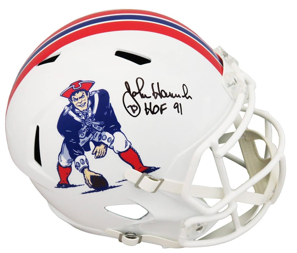 John Hannah Signed New England Patriots Helmet HOF 91 COA: John Hannah Signed New England Patriots Helmet HOF 91 COA This is a signed New England Patriots throwback Riddell full-size speed replica helmet by legendary player John Hannah, featuring the inscript