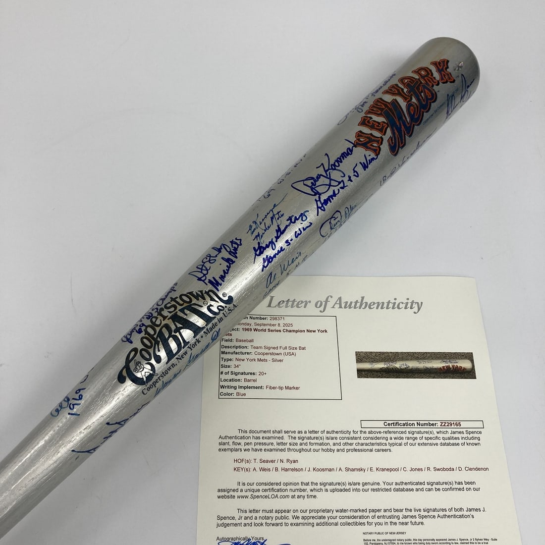 JSA Original Bat Signed by 1969 World Series Champion New York Mets (1 of 17)