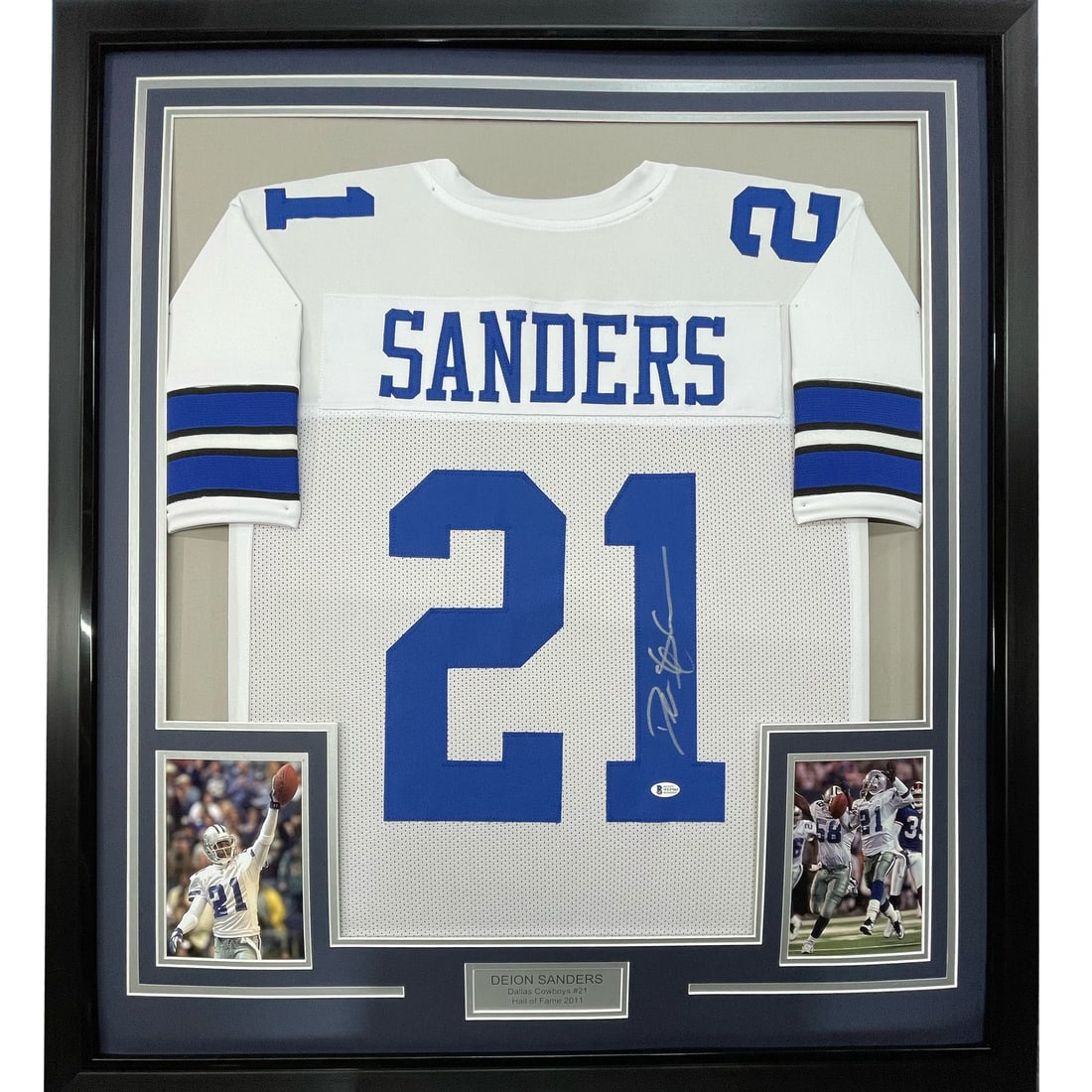Deion Sanders signed Dallas Cowboys jersey framed 35x39 Beckett COA: Deion Sanders signed Dallas Cowboys jersey framed 35x39 Beckett COA This professionally framed and matted display features a Dallas Cowboys white jersey autographed by Deion Sanders. The jersey is aut