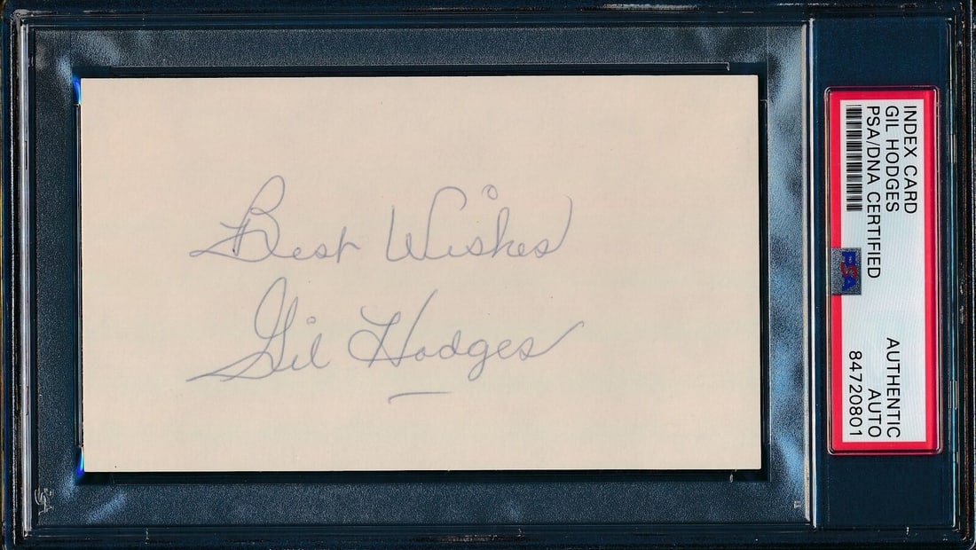 Gil Hodges Autographed Inscribed 3x5 Index Card Brooklyn Dodgers PSA: Gil Hodges Autographed Inscribed 3x5 Index Card Brooklyn Dodgers PSA This is a Gil Hodges Hall of Fame autographed and inscribed 3x5 index card from the Brooklyn Dodgers. The autograph has been authen
