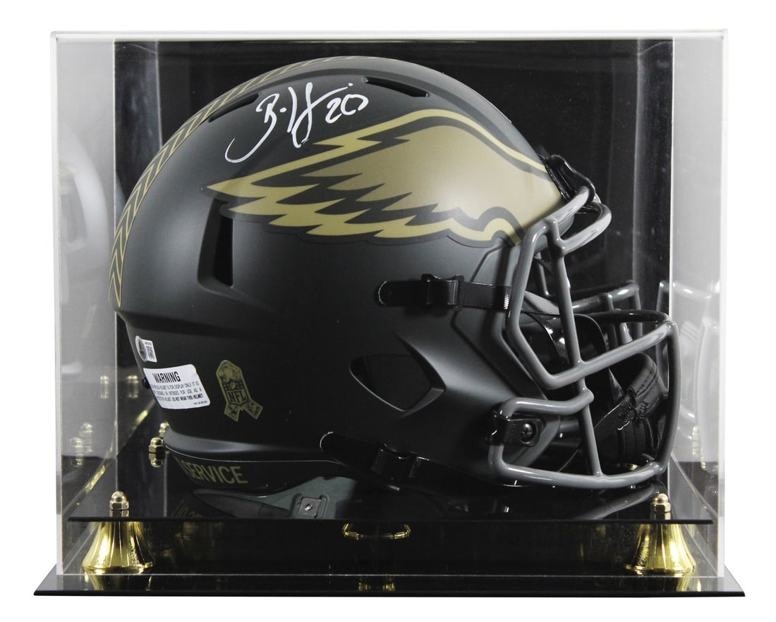 Brian Dawkins Autographed Philadelphia Eagles Salute To Service Helmet With BAS Case: Brian Dawkins Autographed Philadelphia Eagles Salute To Service Helmet With BAS Case This Philadelphia Eagles full size Speed Rep Salute to Service IV helmet features an authentic hand-signed autograp