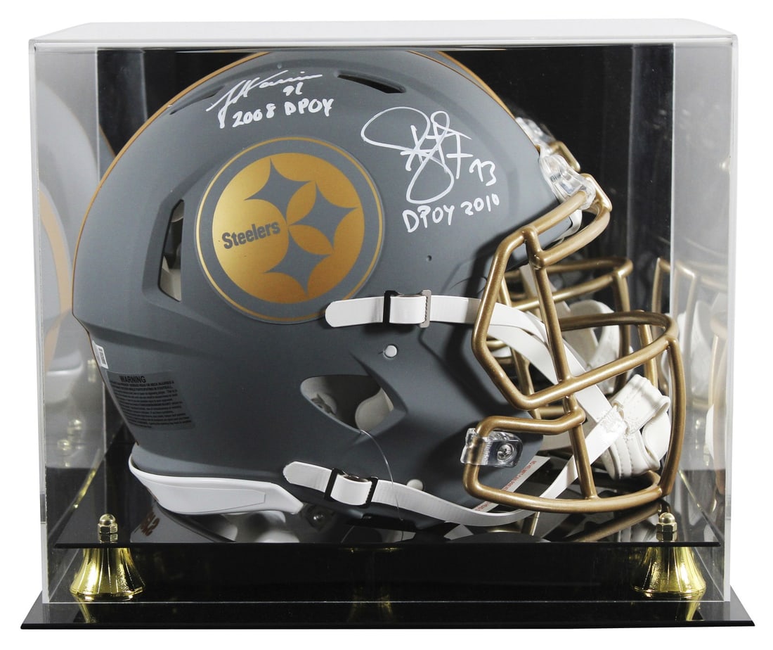 Pittsburgh Steelers Harrison Polamalu Signed Slate Helmet with Case BAS: Pittsburgh Steelers Harrison Polamalu Signed Slate Helmet with Case BAS This autographed full-size Speed Proline helmet features the signatures of legendary Pittsburgh Steelers players James Harrison 