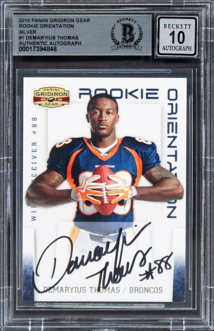 2010 Panini Gridiron Gear Demaryius Thomas autograph Beckett Gem Mint 10: 2010 Panini Gridiron Gear Demaryius Thomas autograph Beckett Gem Mint 10 This is an original 2010 Panini Gridiron Gear Rookie Orientation Silver #1 football card personally signed by Demaryius Thomas 