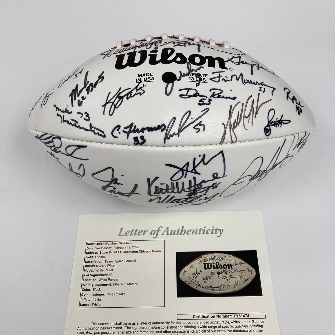1985 Chicago Bears Team Signed Football Walter Payton JSA COA: 1985 Chicago Bears Team Signed Football Walter Payton JSA COA Celebrate the legacy of the 1985 Super Bowl Champion Chicago Bears with this authentic Wilson football, signed by 43 members of the iconic