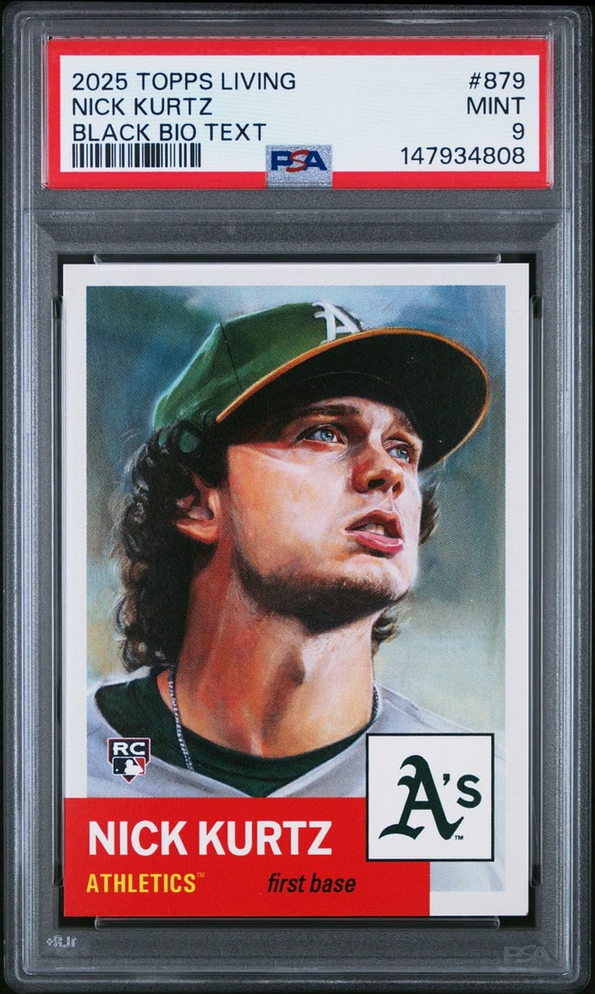 PSA 9 2025 Topps Living Nick Kurtz Rookie Black Bio Parallel 10 Baseball Card: PSA 9 2025 Topps Living Nick Kurtz Rookie Black Bio Parallel 10 Baseball Card This is a 2025 Topps Living Nick Kurtz #879 Black Bio /10 rookie baseball card, graded PSA 9. The card is professionally e