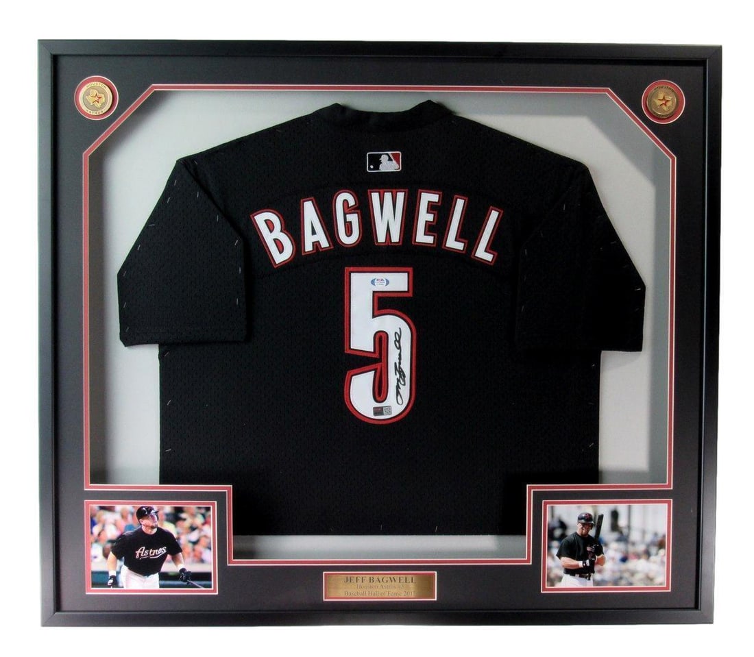Framed Jeff Bagwell signed Houston Astros jersey PSA DNA authenticated: Framed Jeff Bagwell signed Houston Astros jersey PSA DNA authenticated This is a professionally framed, autographed Jeff Bagwell Houston Astros baseball jersey. The jersey features Bagwell's signature