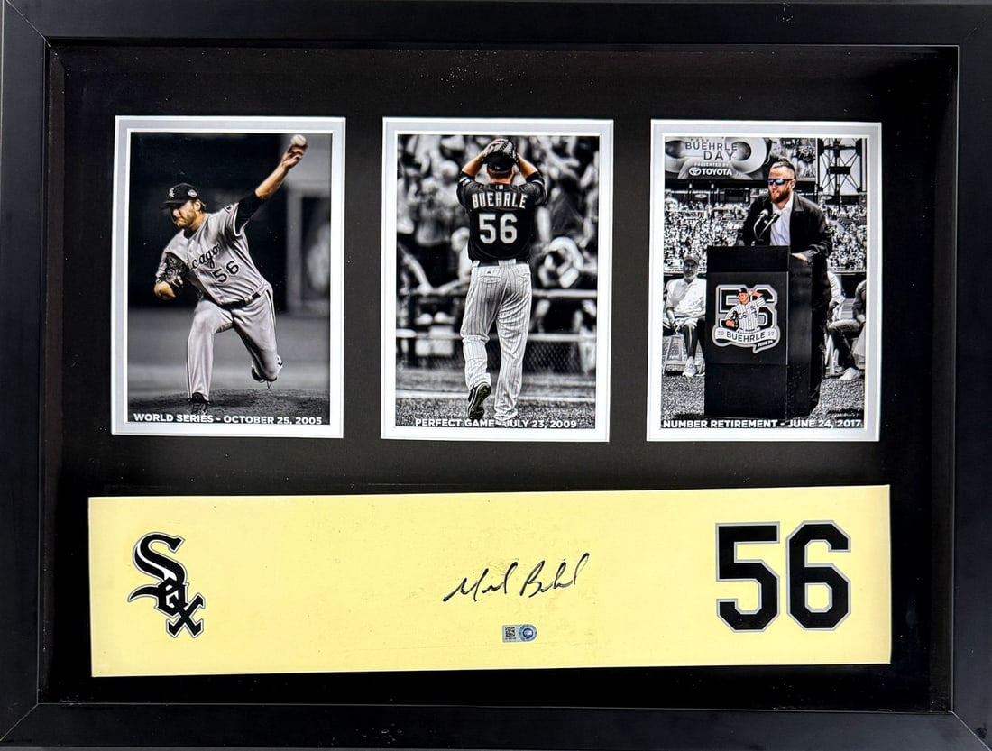 Framed Mark Buehrle Autographed Pitching Rubber Display Beckett LOA: Framed Mark Buehrle Autographed Pitching Rubber Display Beckett LOA Framed Mark Buehrle signed pitching rubber display commemorating his Chicago White Sox career, including the 2005 World Series victo
