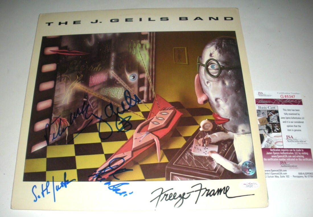 J Geils Band Freeze Frame Signed LP Album With Four Autographs And JSA COA: J Geils Band Freeze Frame Signed LP Album With Four Autographs And JSA COA This is an original LP record album of "Freeze Frame" by The J. Geils Band, signed by four members. The album originates from