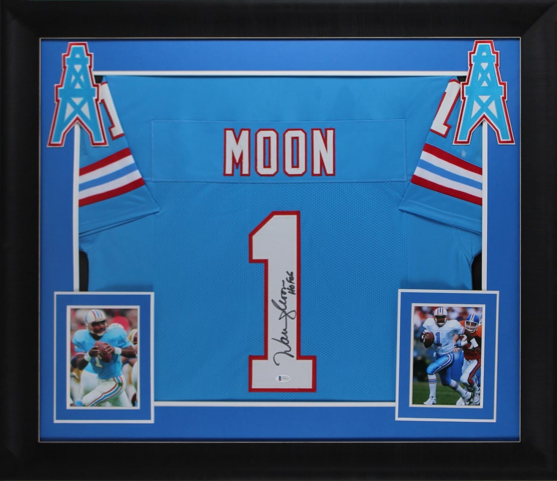 Warren Moon Signed Light Blue Framed Jersey HOF 06 Beckett COA: Warren Moon Signed Light Blue Framed Jersey HOF 06 Beckett COA Celebrate the legacy of Warren Moon with this authentic, light blue pro style framed jersey. Personally signed by the Hall of Famer and i