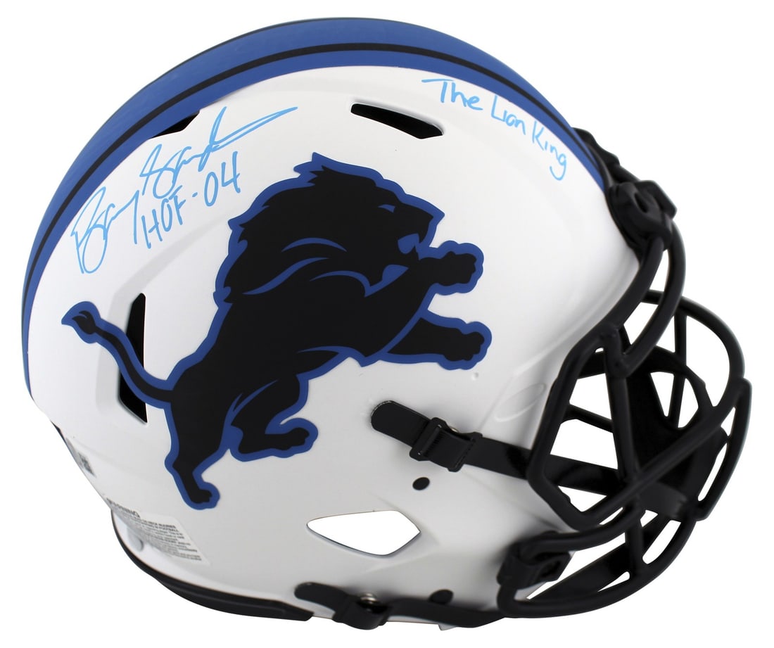 Barry Sanders Signed Lunar Proline Helmet HOF 04 Lion King BAS: Barry Sanders Signed Lunar Proline Helmet HOF 04 Lion King BAS This autographed alternate Lunar Riddell Authentic Full Size Speed Proline Helmet features the remarkable signature of Barry Sanders, the