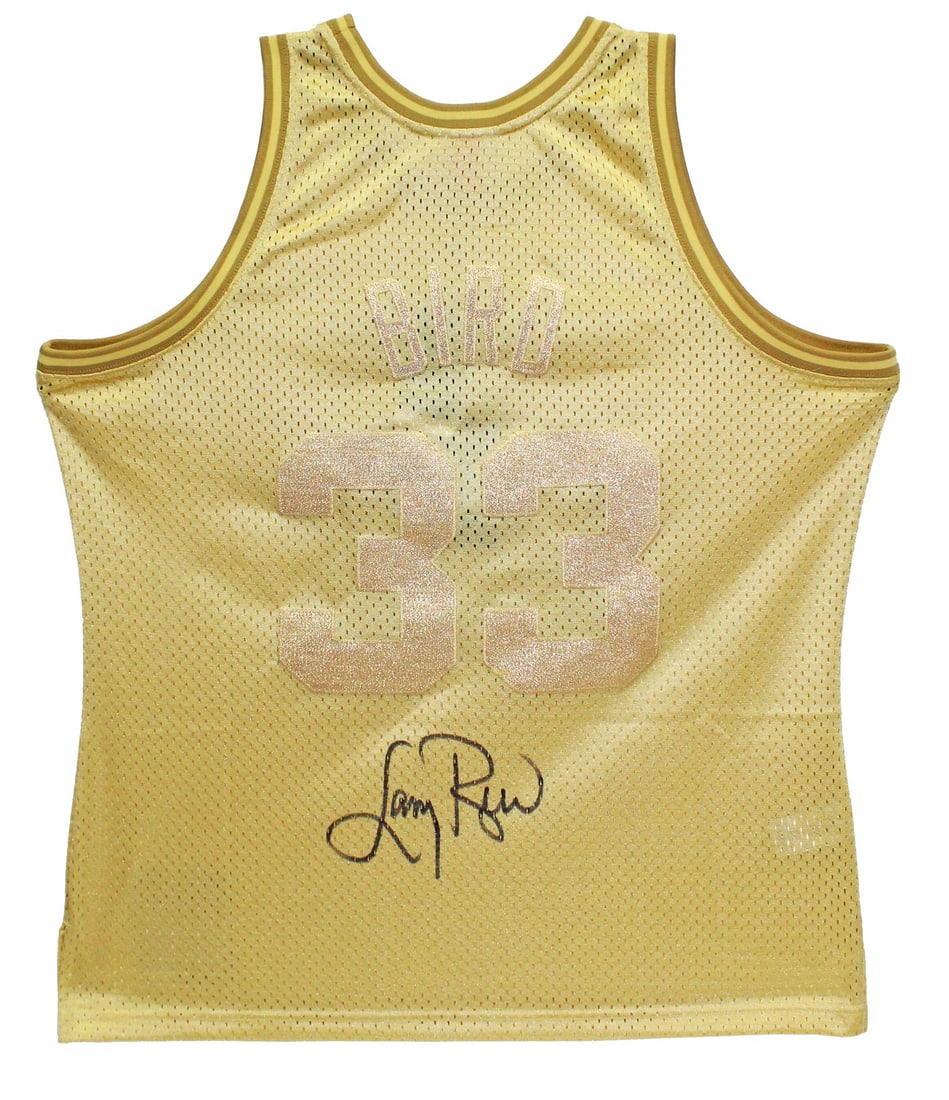 Larry Bird Signed 1985 Gold Swingman Jersey BAS Witnessed Authentic: Larry Bird Signed 1985 Gold Swingman Jersey BAS Witnessed Authentic Celebrate the legacy of basketball legend Larry Bird with this authentic signed 1985 Gold Mitchell & Ness Hardwood Classics Swingman