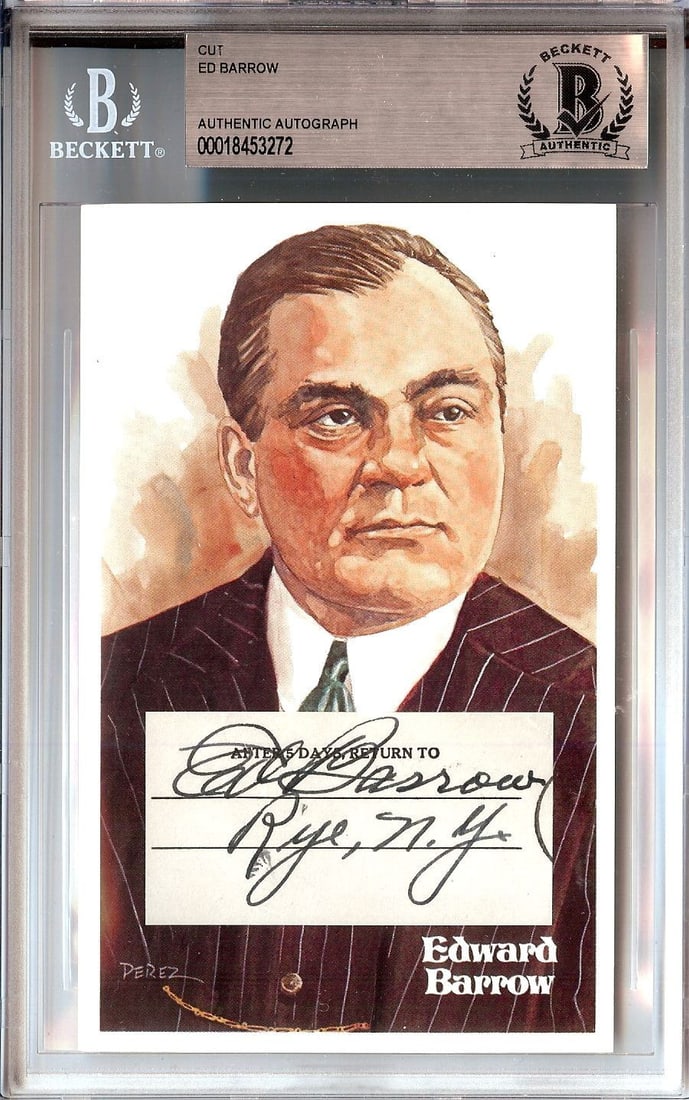 Ed Barrow Autographed Cut Signature with JSA Authentication Yankees: Ed Barrow Autographed Cut Signature with JSA Authentication Yankees This is an original cut signature of Ed Barrow, featuring an authenticated autograph by James Spence (JSA). The cut signature is ele