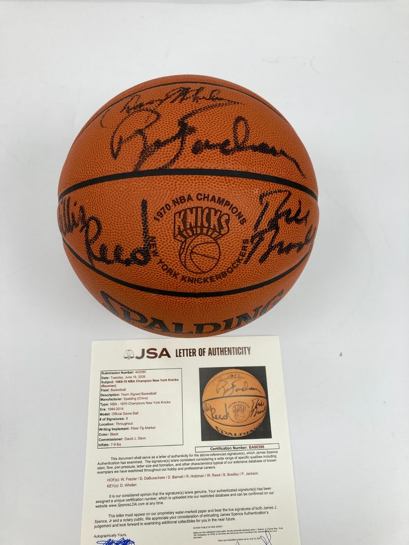New York Knicks 1969 1970 NBA Champions Signed Basketball 8 Autographs JSA: New York Knicks 1969 1970 NBA Champions Signed Basketball 8 Autographs JSA 1969-1970 New York Knicks NBA Champs team signed basketball with 8 signatures. This original basketball comes with a full let