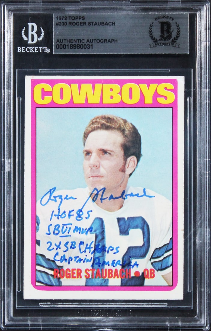 Roger Staubach Signed 1972 Topps Rookie Card BAS Authenticated: Roger Staubach Signed 1972 Topps Rookie Card BAS Authenticated Celebrate a piece of football history with this autographed 1972 Topps #200 Rookie Card of Roger Staubach, featuring the inscriptions "HO