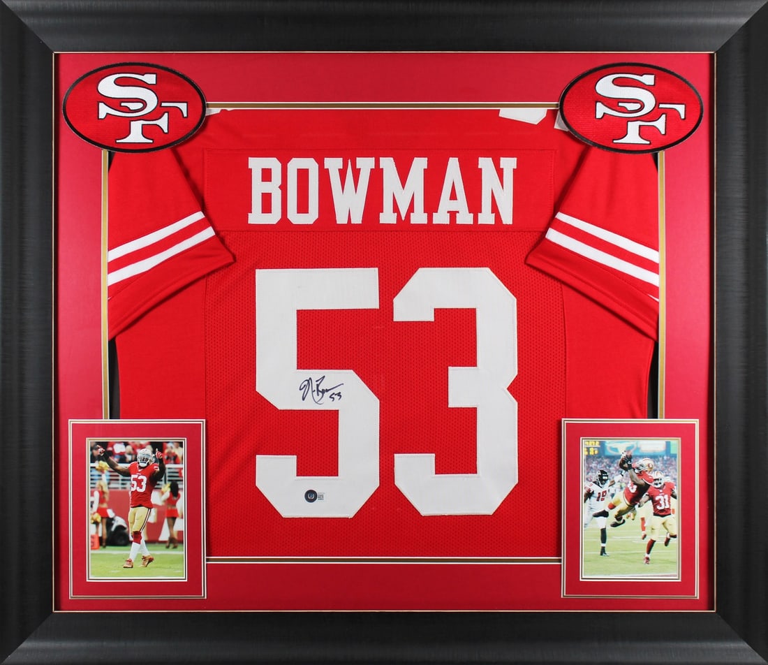 Framed Red Jersey Signed by Navorro Bowman Beckett Authentic: Framed Red Jersey Signed by Navorro Bowman Beckett Authentic This autographed red pro style framed jersey has been personally signed by Navorro Bowman of the San Francisco 49ers. It is an original, pr