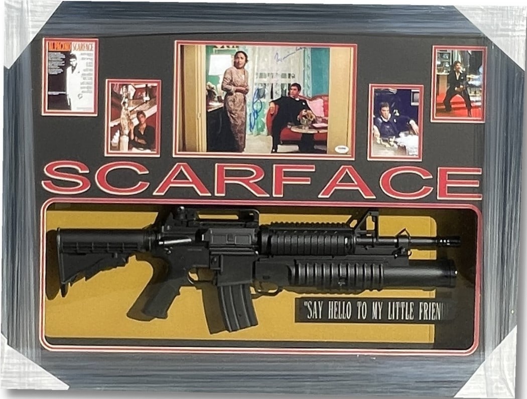 Scarface 11x14 Framed Photo Signed by Al Pacino and Mariam Colon with Toy Gun PSA DNA: Scarface 11x14 Framed Photo Signed by Al Pacino and Mariam Colon with Toy Gun PSA DNA This framed 11x14 photo from the movie Scarface is autographed by Al Pacino, Mariam Colon, and Mary Elizabeth. The
