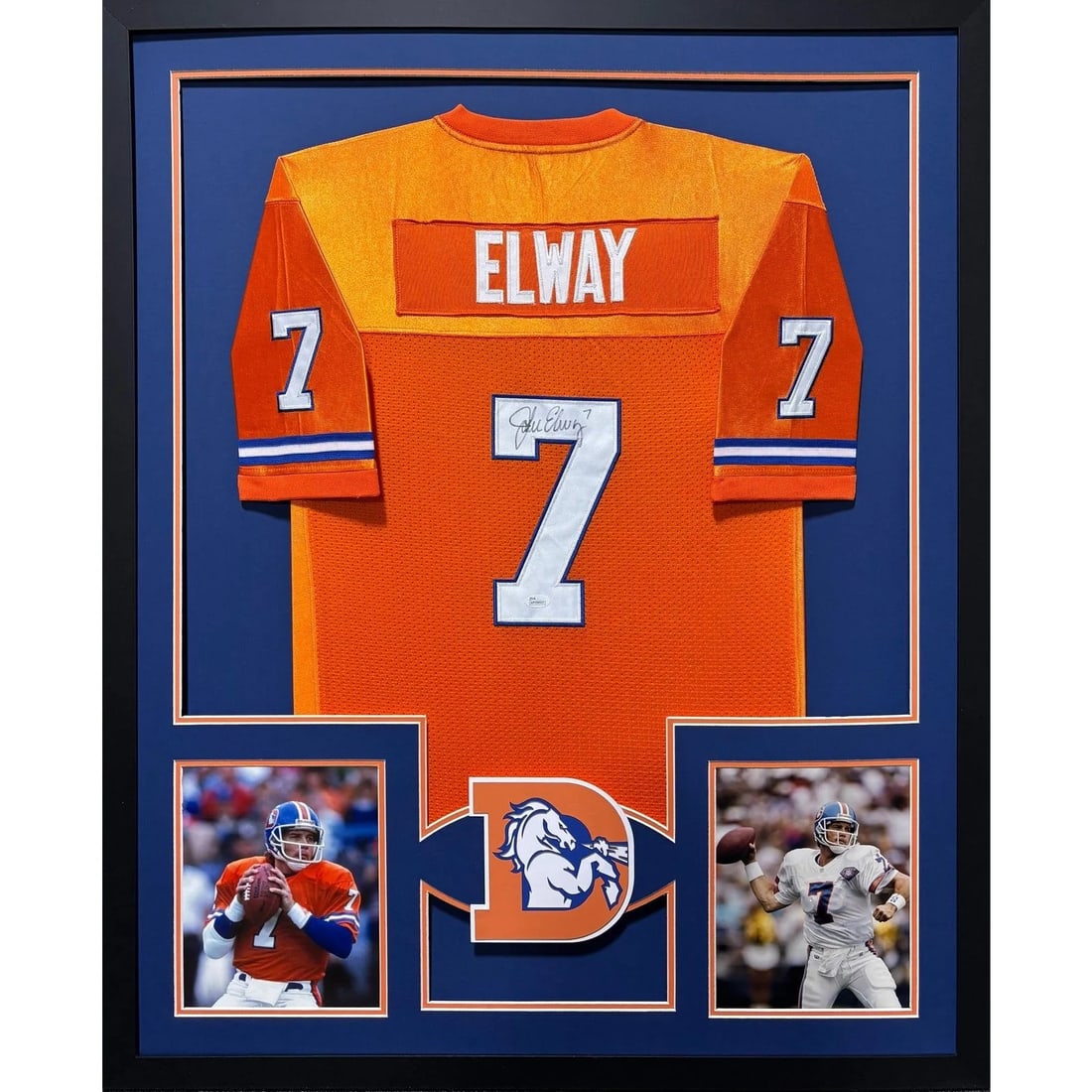 Framed Orange Denver Broncos Jersey Signed by John Elway JSA Certified: Framed Orange Denver Broncos Jersey Signed by John Elway JSA Certified This framed orange Denver Broncos jersey is autographed by John Elway and includes JSA authentication with a tamper-proof sticker