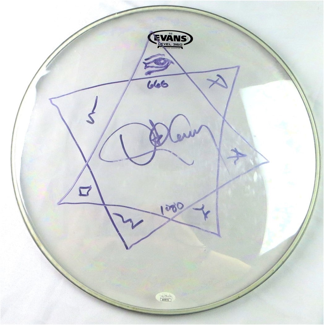 Danny Carey Signed 16" Drumhead with Pentagram Sketch JSA Authenticated: Danny Carey Signed 16" Drumhead with Pentagram Sketch JSA Authenticated Own a piece of music history with this authentic 16" drumhead signed by Danny Carey, the iconic drummer of Tool. This original d